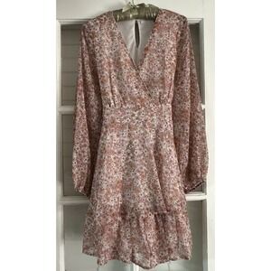 Sincerely Jules Pink Floral Wrap Ruffle Long Sleeve Lined Dress Cottage Romantic